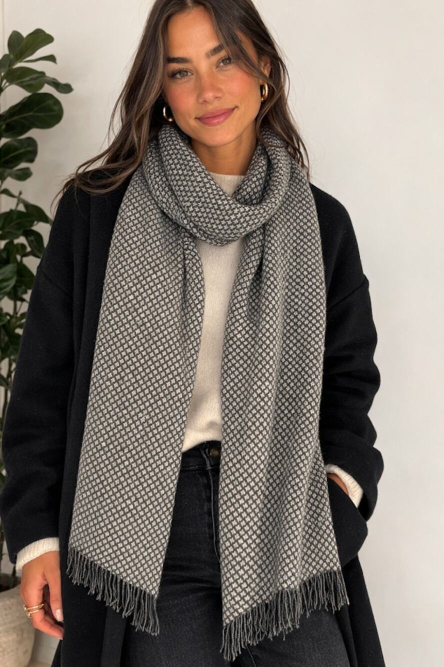 Samkas Wool Polka Dotted Scarf Made in Italy Gray Fringe Wrap 15X74 Rectangle
